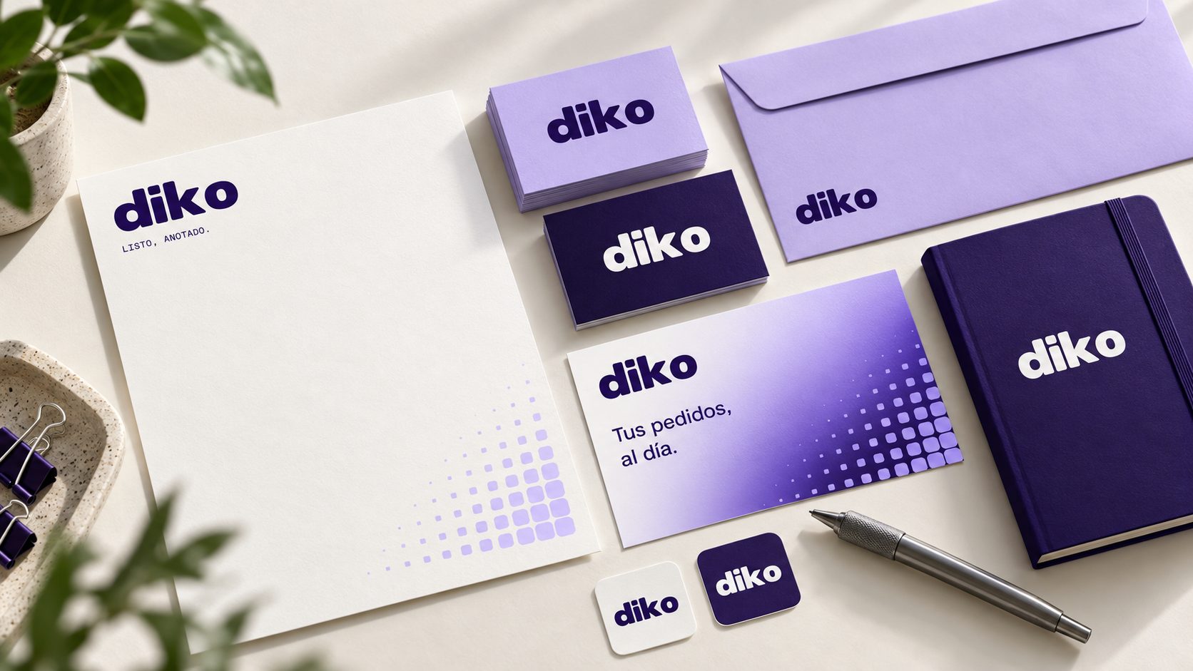 Diko — The identity: a heavy, rounded wordmark and a pixel-grid pattern.