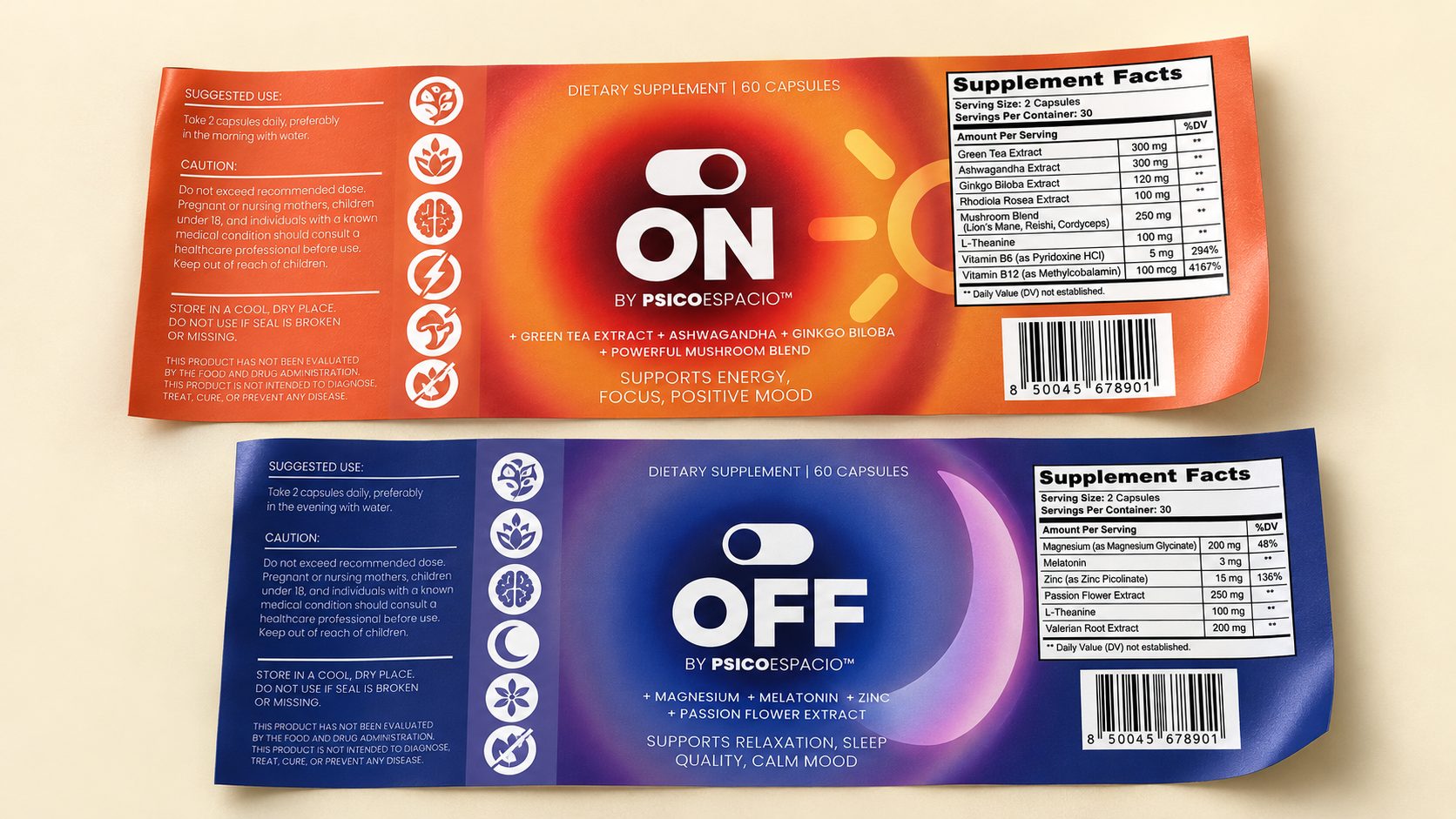 ON/OFF Capsules — Flat labels — ON and OFF share one grid.