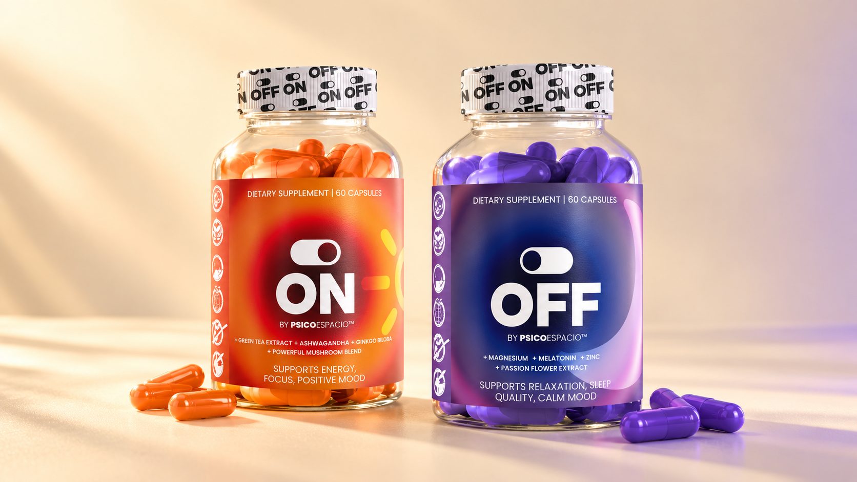 ON/OFF Capsules — Side by side, the pair reads as one decision.