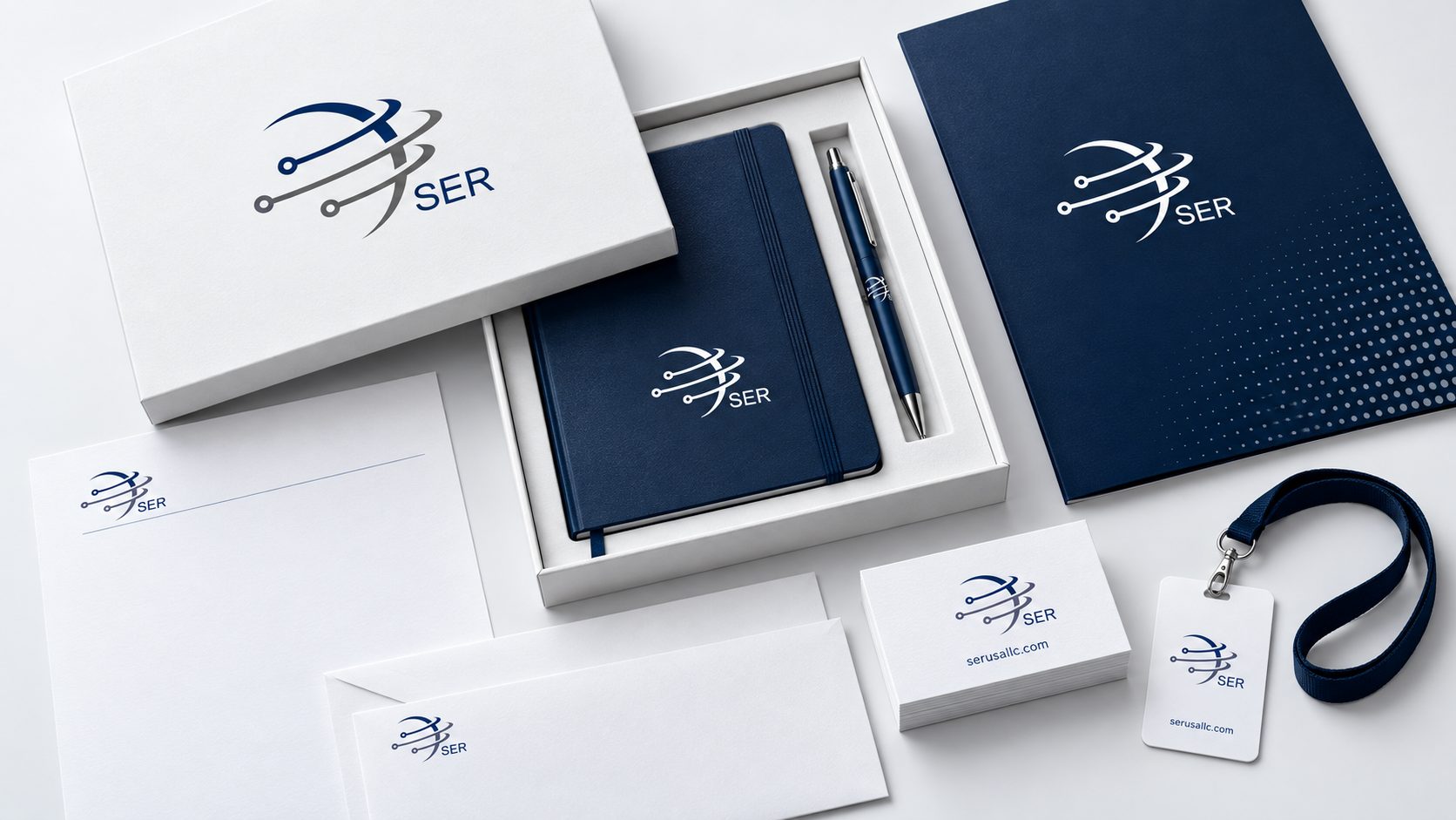 SER-USA Identity — Stationery and the client welcome kit.