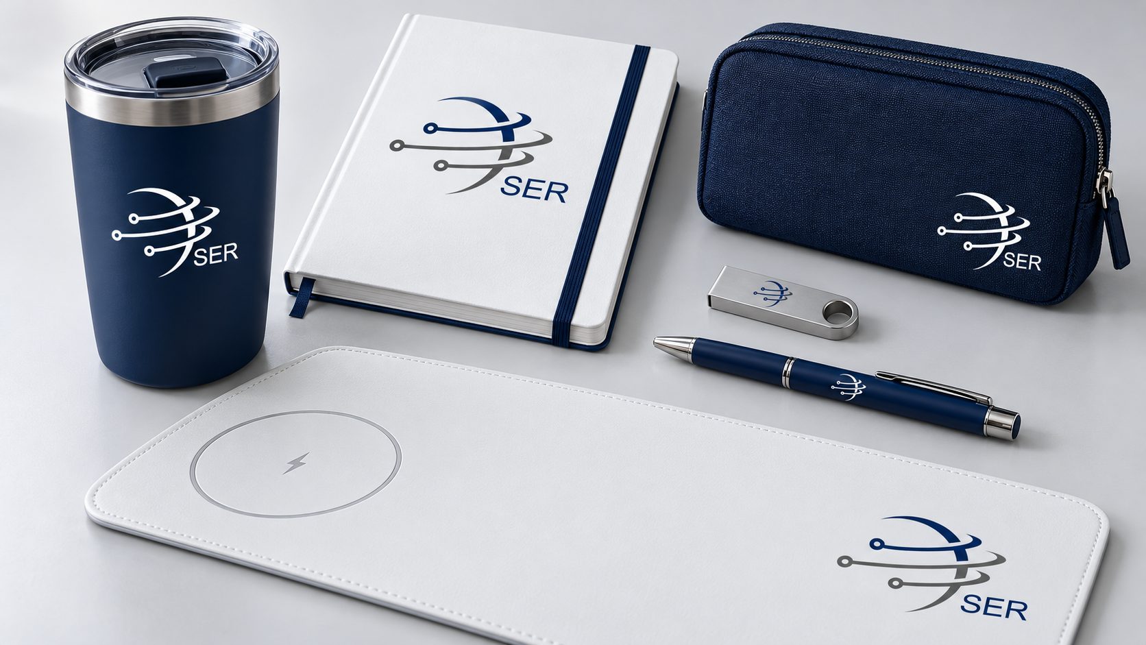 SER-USA Identity — Everyday pieces: the mark at small sizes.