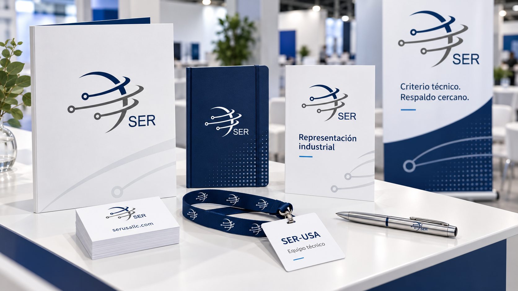 SER-USA Identity — Event materials: navy, grey and plenty of white.
